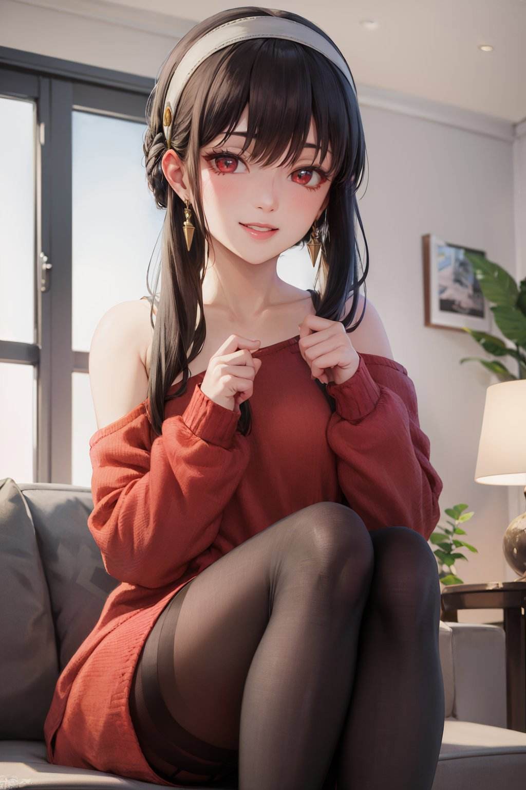 (masterpiece, best quality:1.2), <lora:sxf_yor_forger-10:1>, solo, 1girl, yor briar, smile, looking at viewer, sitting, sofa, long black hair, bangs, sidelocks, hairband, red eyes, off shoulder, red sweater dress, pantyhose, earrings, indoors, living room