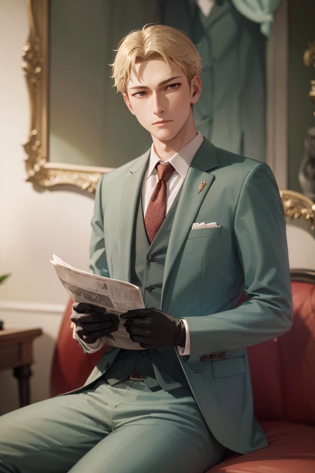 (masterpiece, best quality:1.2), <lora:sxf_loid_forger-10:1>, cowboy shot, solo, male focus, 1boy, twilight \(spy x family\), expressionless, closed mouth, looking at viewer, sitting, holding newspaper, short blonde hair, formal, green suit, red necktie, green pants, black gloves