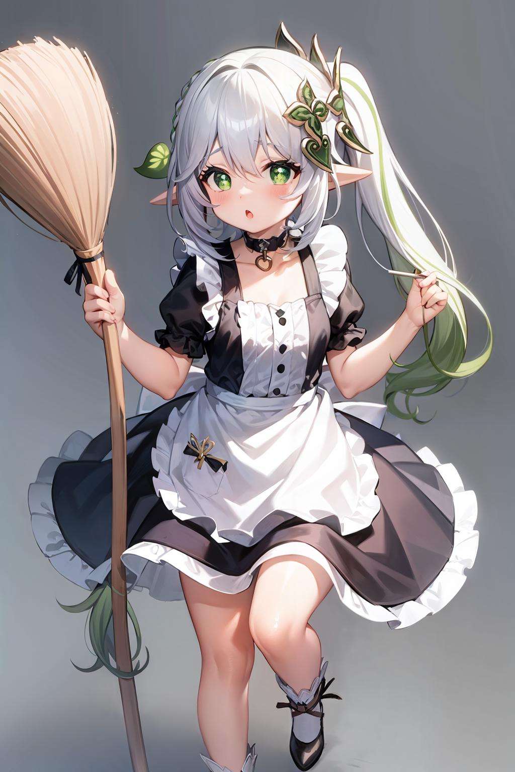 masterpiece, best quality, <lora:nahida:1>,1girl, nahida (genshin impact), alternate costume, maid, enmaided, green eyes, multicolored hair, broom, apron, green hair, gradient hair, pointy ears, holding broom, cat, full body, side ponytail, symbol-shaped pupils, black footwear, short sleeves, maid headdress, holding, bow, solo, bangs, dress, black dress, black bow, long hair, maid apron, flower, socks, white hair, shoes, puffy sleeves, white socks, simple background, choker, rose, frills, cross-shaped pupils, looking at viewer, standing on one leg, pink flower, pink rose, standing, hair between eyes, puffy short sleeves, grey hair, jewelry, hair ornament, white apron, parted lips, mop, grey background, :o, wrist cuffs, blush, colored tips, sidelocks, frilled dress, gem, ribbon, frilled apron, hair bow