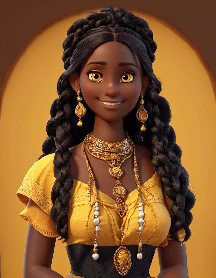 3D style, 1girl, jewelry, solo, dark skin, dark-skinned female, long hair, earrings, necklace, black hair, looking at viewer, braid, yellow eyes, brown eyes, smile, lips <lora:3d_render_style_xl:0.8> 