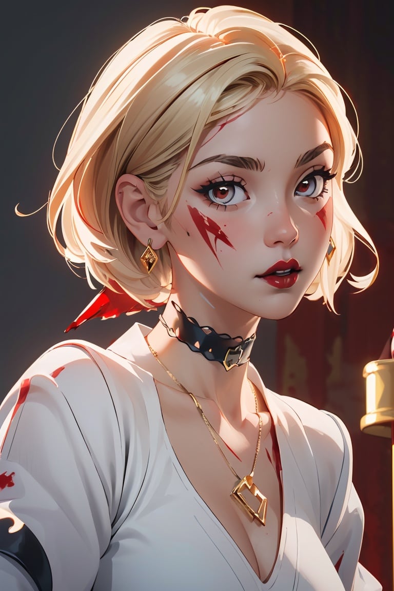 (((gothic girl:1.3))), relaxed facial expression, (blood-red lips:1.2), freshly cut short hair, (white clothes smeared with red paint:1.5), (gold earrings and necklace:1.2), hyper realistic, highly detailed, detailed background, masterpiece, hdr, raytracing