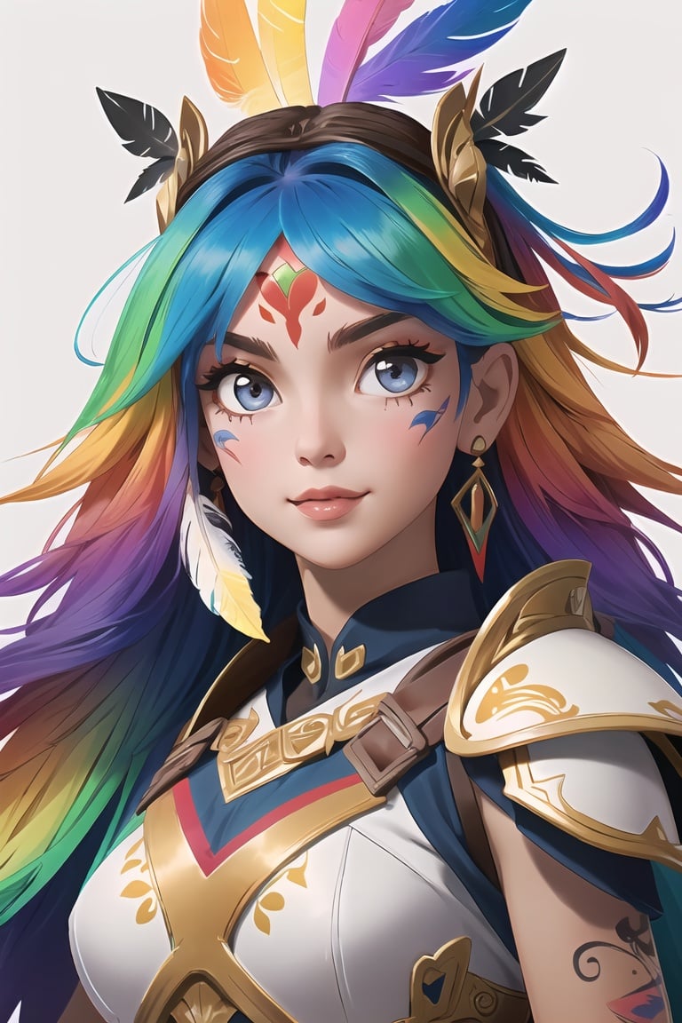 (masterpiece, best quality), 1girl, cute face, warrior with (\white\) armor, Tattooed face, (/feathers of various colors raimbow/ on the head decoration:1.2)