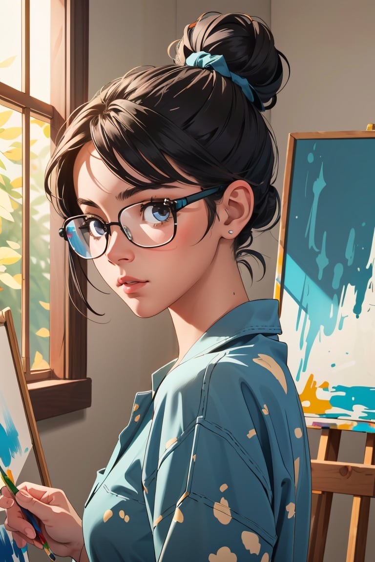 1girl painting a picture, dappled sunlight, indoors, hair bun, glasses, paint splatter, shy, hyper realistic, highly detailed, detailed background, masterpiece, hdr, raytracing