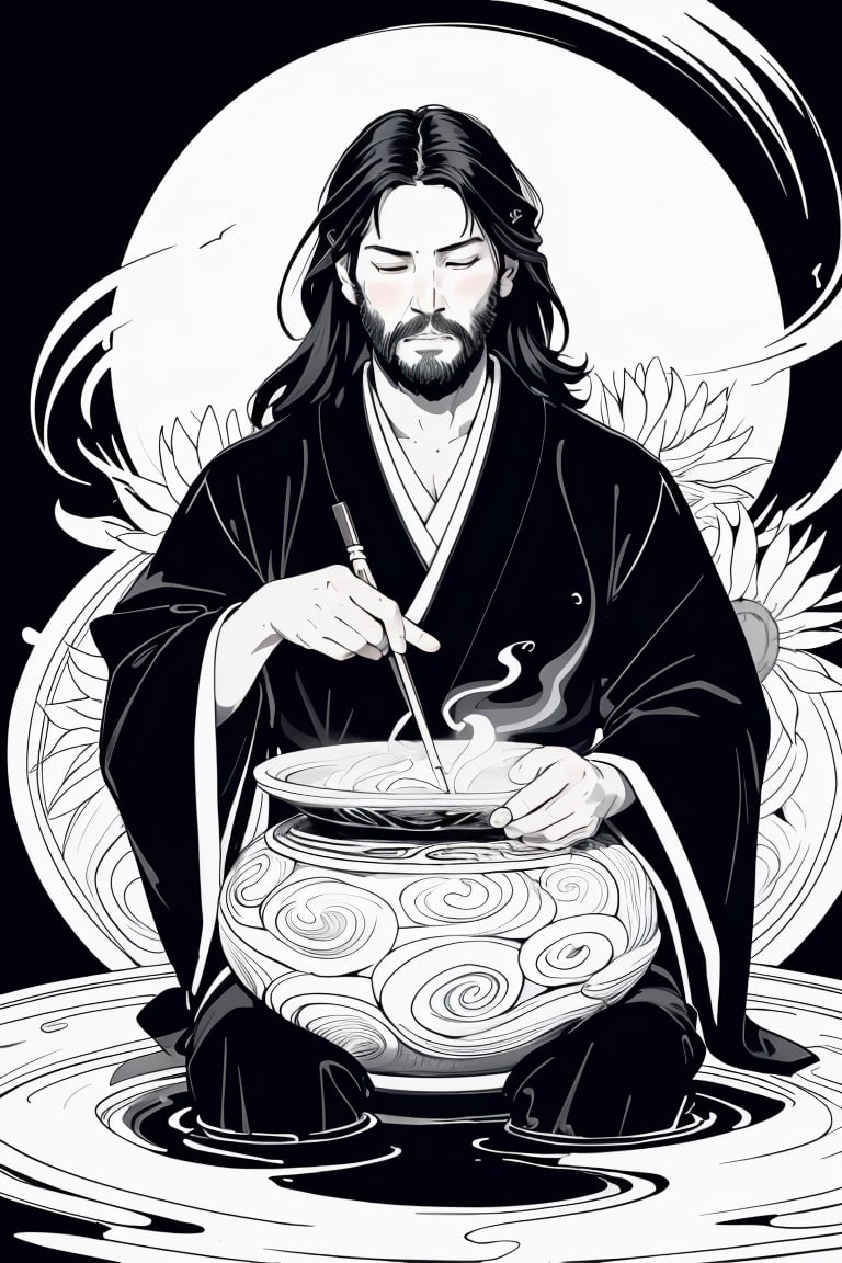 (masterpiece, best quality), ((1person)), sks person, keanu reeves, (((beard))), ((long black hair)), Keanu Reeves, dressed in a traditional Japanese costume, sits inside a japanese garden on top of a mountain, sunflowers, swirls of water. The vibrant image captures his immersion in the culture, blending Eastern and Western elements effortlessly. With a serene expression and closed eyes, he embodies the harmonious spirit of Japan, ((monochrome)), ((lineart)), ((plain black and white)), intricate detailed linework and a gritty, realistic aesthetic, shading and cross-hatching, , fractal_environment