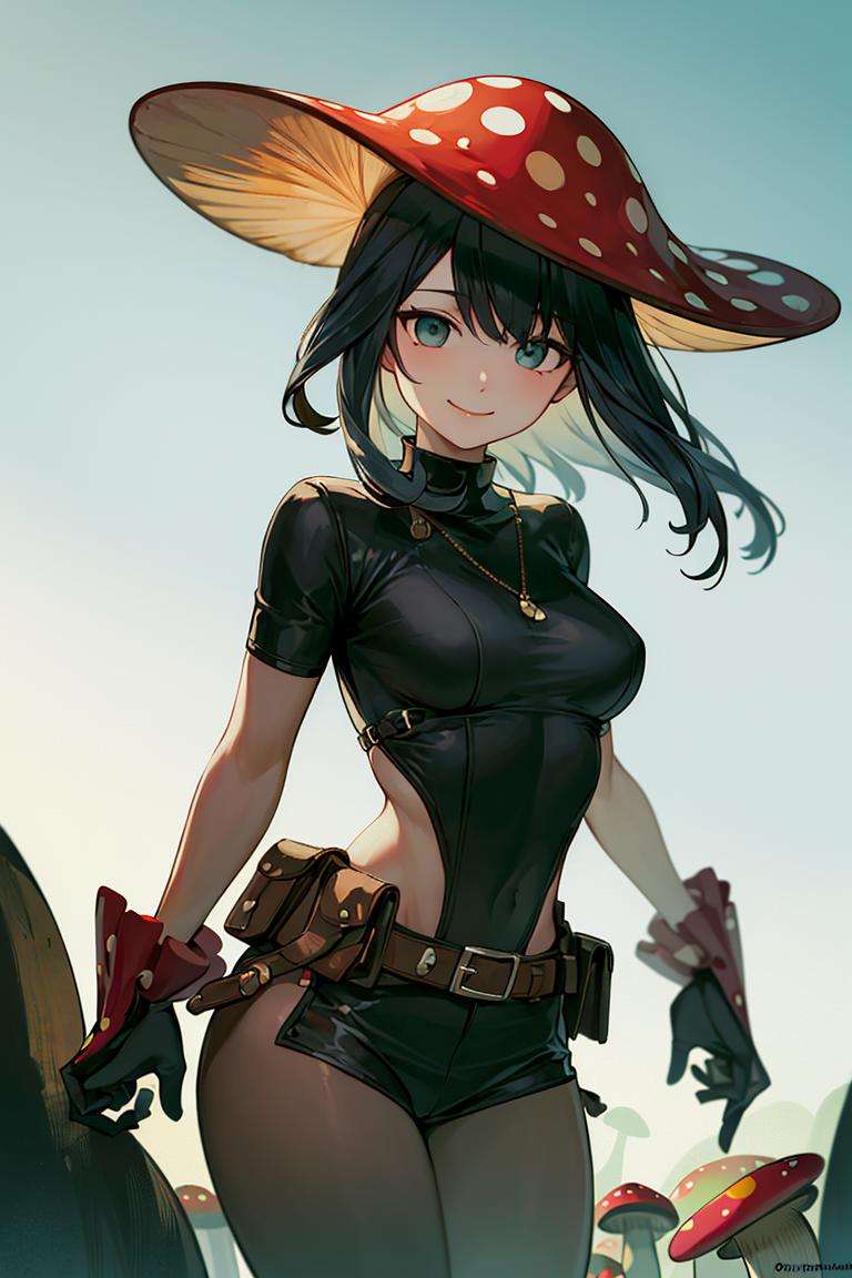 ((masterpiece,best quality)), absurdres,<lora:Mushroom_Girl:0.6>, Mushroom_Girl,solo, smiling, looking at viewer, cowboy shot,cinematic composition, dynamic pose,