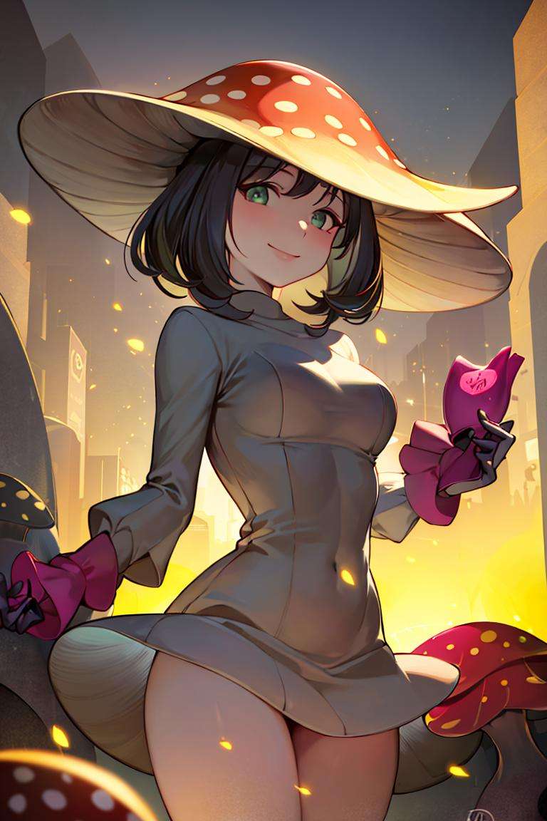 ((masterpiece,best quality)), absurdres,<lora:Mushroom_Girl:0.8>, Mushroom_Girl,solo, smiling, looking at viewer, cowboy shot,cinematic composition, dynamic pose,