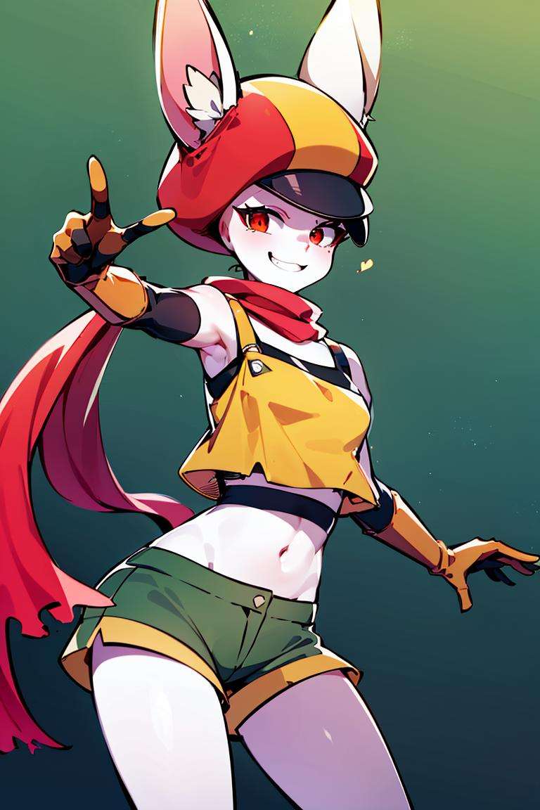 ((masterpiece,best quality)), absurdres,<lora:Sorrel_DB:0.8>, Sorrel_DB, 1girl, (yellow crop top), green shorts, red eyes,solo, smiling, looking at viewer, cowboy shot, cinematic composition, dynamic pose,