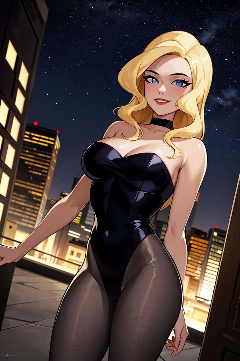 ((masterpiece,best quality)), absurdres,<lora:Black_Canary_JLU:0.5>, Black_Canary_JLU, solo, smiling, looking at viewer, cowboy shot, night sky and city in background, cinematic composition, dynamic pose, 