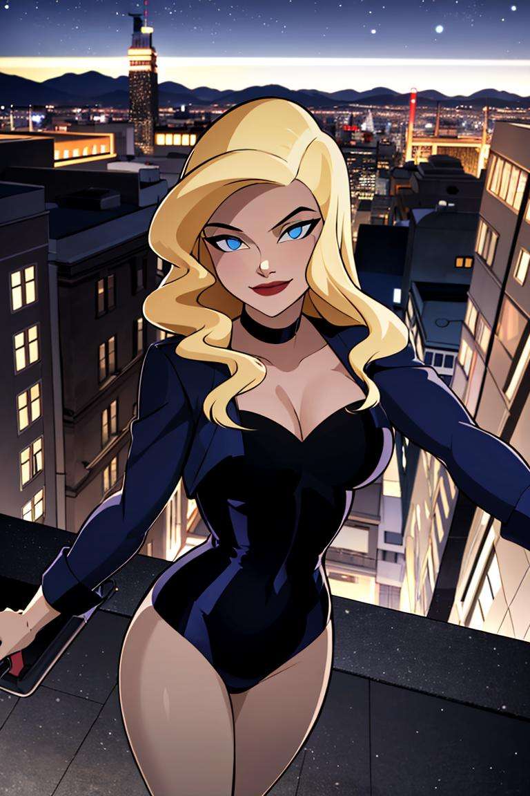 ((masterpiece,best quality)), absurdres,<lora:Black_Canary_JLU:0.7>, Black_Canary_JLU, solo, smiling, looking at viewer, cowboy shot, night sky and city in background, cinematic composition, dynamic pose, 