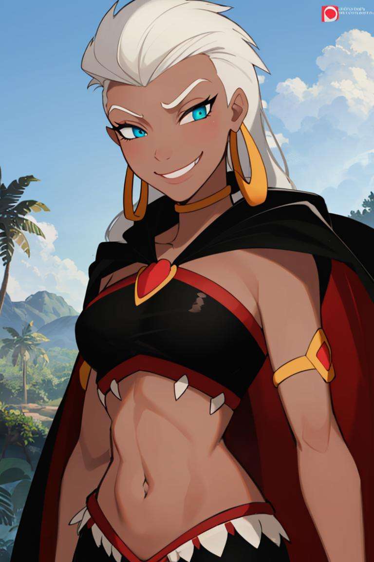 ((masterpiece,best quality)), absurdres,<lora:Queen_La_Tarzan:0.7>, Queen_La_Tarzan,  cape, dark skin, long white hair, black crop top, smug, smiling,solo, smiling, looking at viewer, cowboy shot, jungle in background, cinematic composition, dynamic pose,