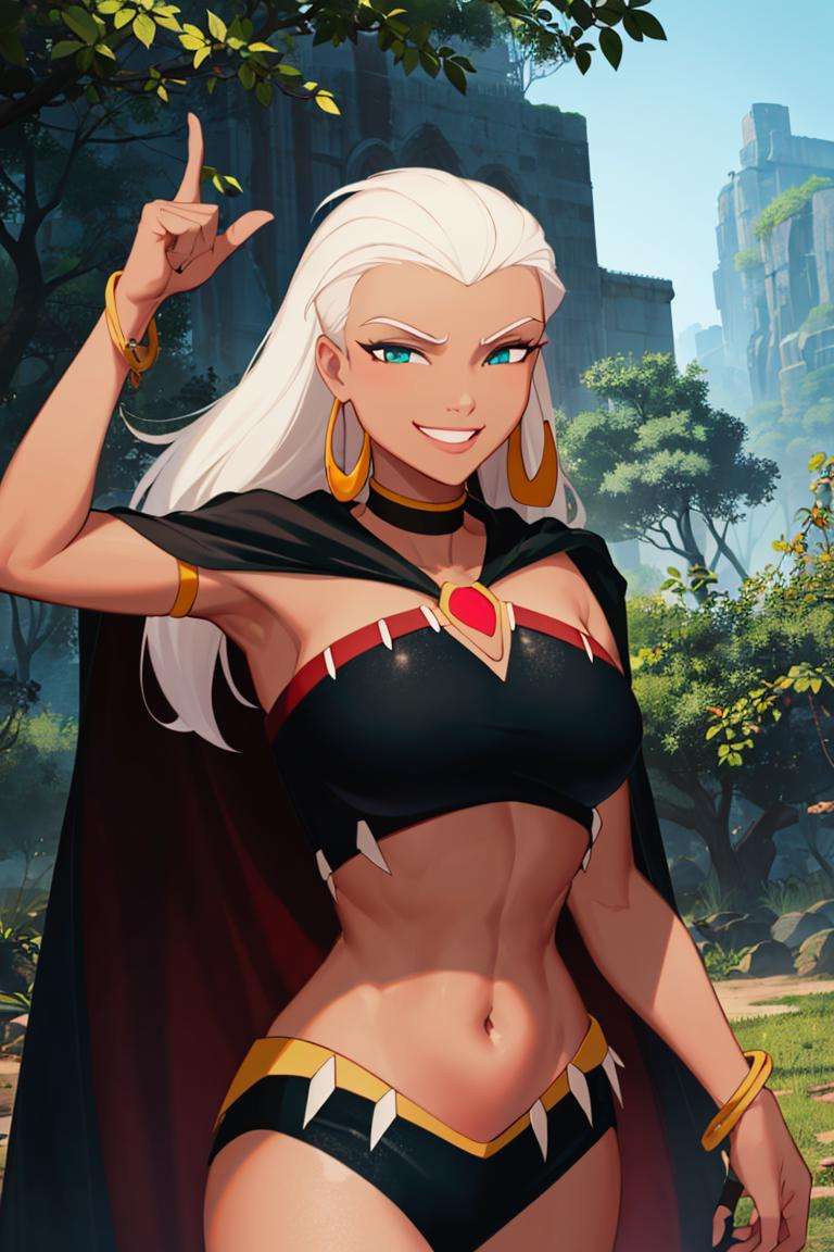 ((masterpiece,best quality)), absurdres,<lora:Queen_La_Tarzan:0.7>, Queen_La_Tarzan,  cape, dark skin, long white hair, black crop top, smug, smiling,solo, smiling, looking at viewer, cowboy shot, jungle in background, cinematic composition, dynamic pose,