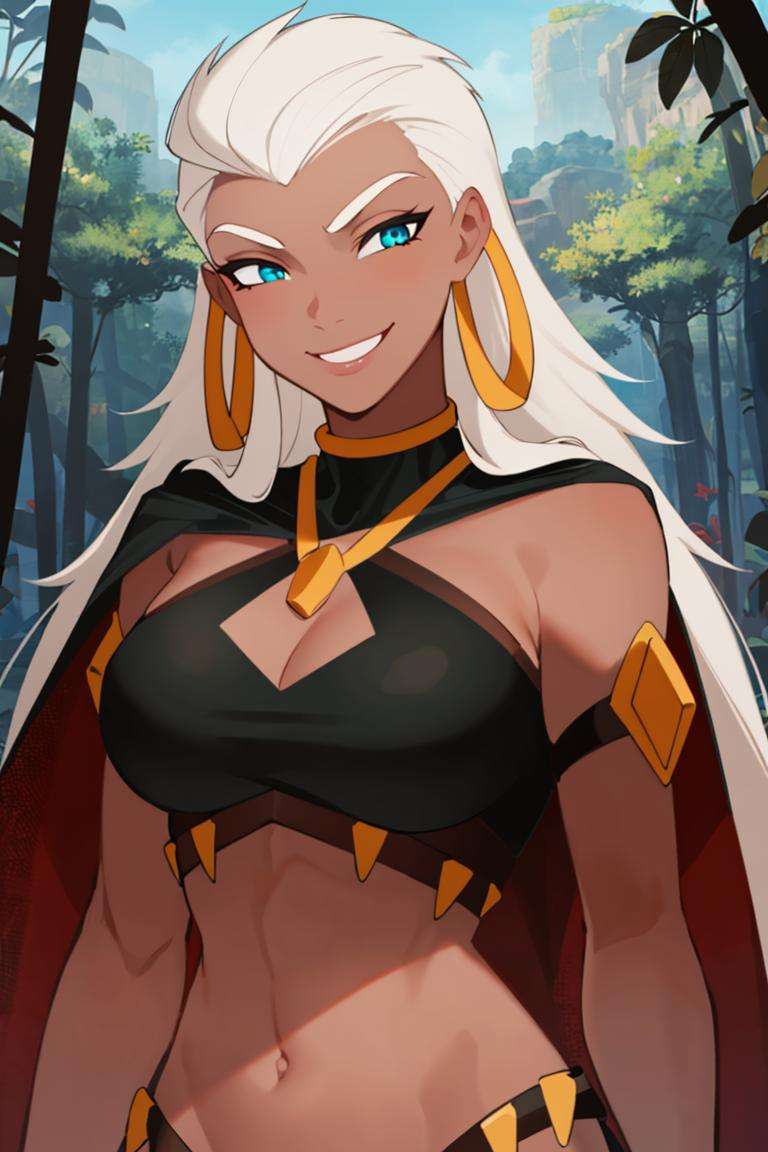 ((masterpiece,best quality)), absurdres,<lora:Queen_La_Tarzan:0.7>, Queen_La_Tarzan,  cape, dark skin, long white hair, black crop top, smug, smiling,solo, smiling, looking at viewer, upper body,jungle in background, cinematic composition, dynamic pose,