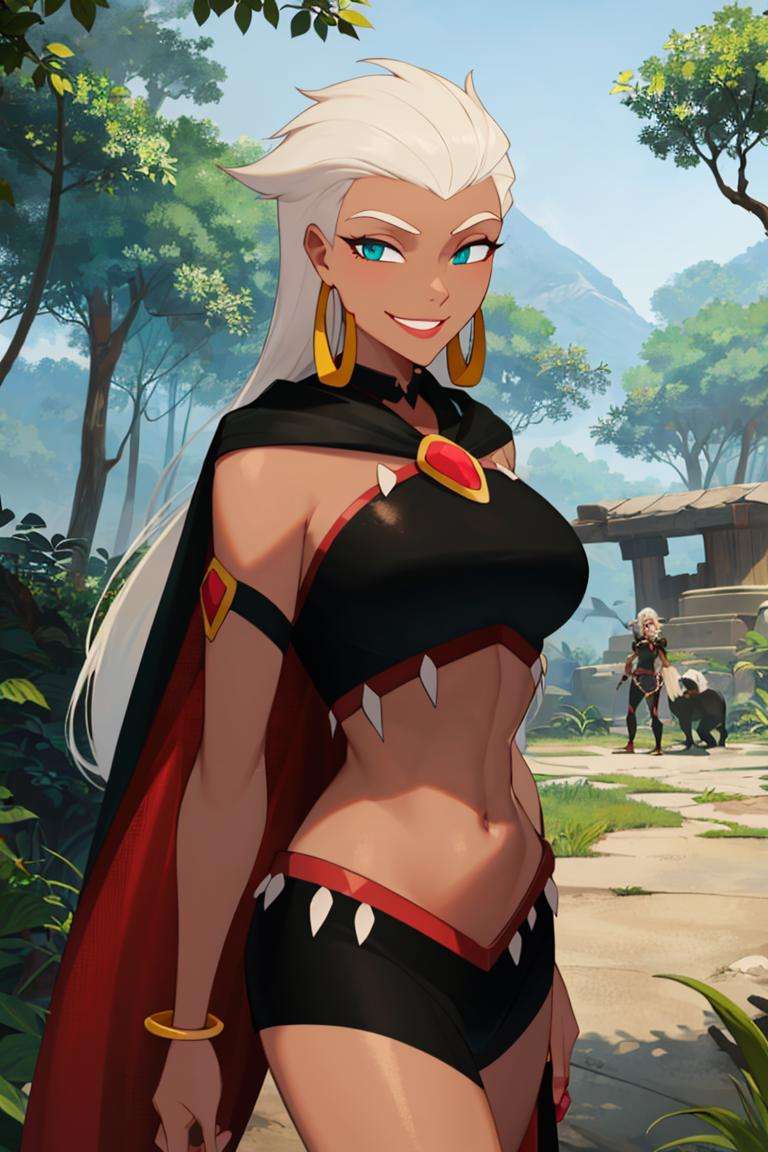 ((masterpiece,best quality)), absurdres,<lora:Queen_La_Tarzan:0.7>, Queen_La_Tarzan,  cape, dark skin, long white hair, black crop top, smug, smiling,solo, smiling, looking at viewer, cowboy shot, jungle in background, cinematic composition, dynamic pose,