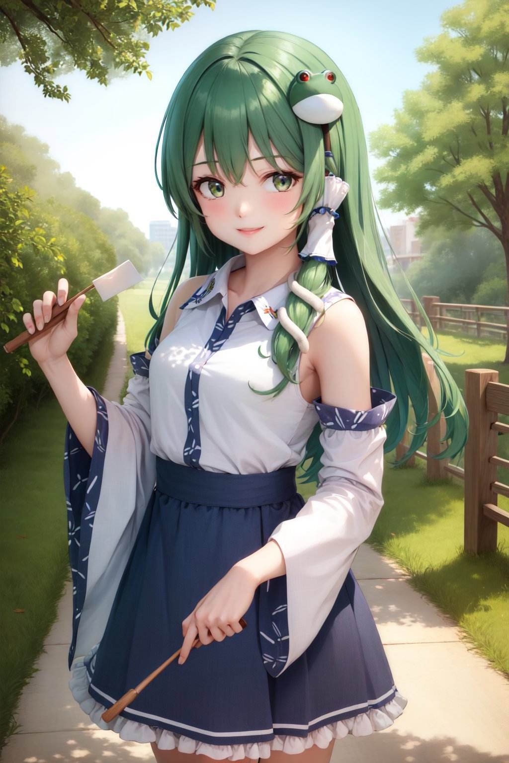 (masterpiece, best quality:1.2), <lyco:touhou_kochiya-10:1.0>, cowboy shot, solo, 1girl, kochiya sanae, smile, looking at viewer, hair tubes, frog hair ornament, snake hair ornament, shirt, long sleeves, wide sleeves, blue skirt