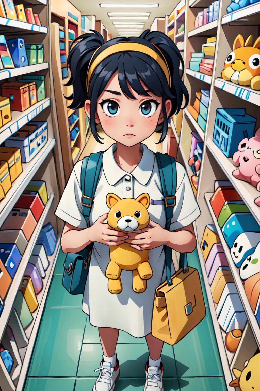 (masterpiece, best quality), (colorful:1.4), from above, solo, 1girl standing in a store with lots of stuffed animals on the shelves and a bag of stuff, depth of field, fisheye lens