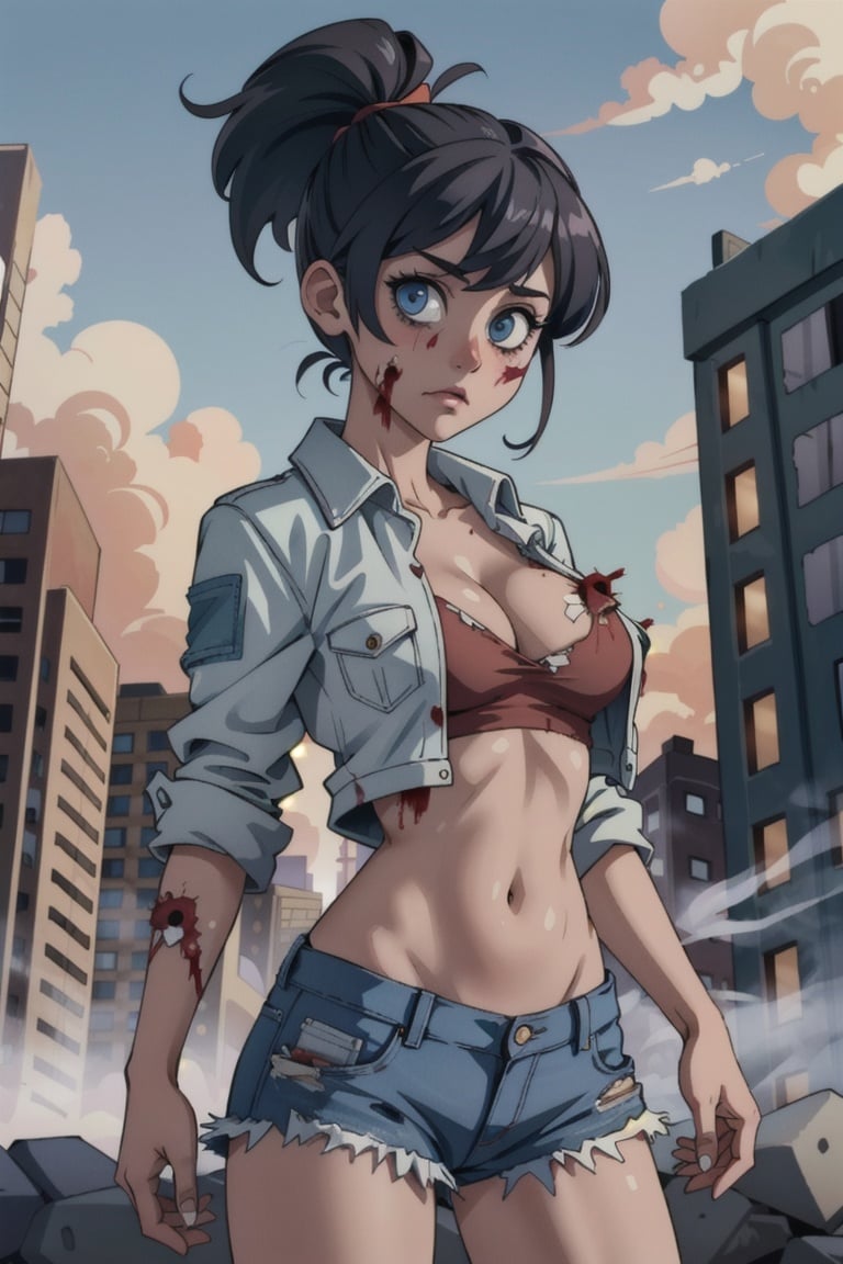 masterpiece, (best quality:1.4), [:intricate details:0.2], 1girl, large breasts, navel, ponytail, (ragged) clothes, torn clothes, post-apocalypse, survivor, despair, (zombie:1.2), blood, mysterious fog, collapsed skyscraper, looking at viewer,