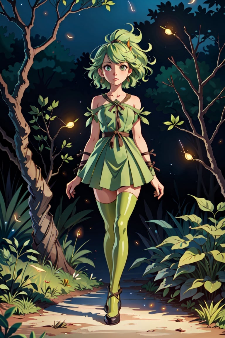 (masterpiece, top quality, best quality, official art, beautiful and aesthetic:1.2), (1girl), tree girl, hair made of vines, (perfect face), (night:1.3), extremely detailed, (fractal art:1.2), ((ultra realistic details)), highest detailed, shadows, intricate, facing camera, (short curly green hair), dress made of vines, glowing eyes, wooden body, wooden limbs, branches, roots, vines, spriggan, forest creature, leaves, forest, full body, green skin, person made of plants, colorful, goddess, ((fireflies))