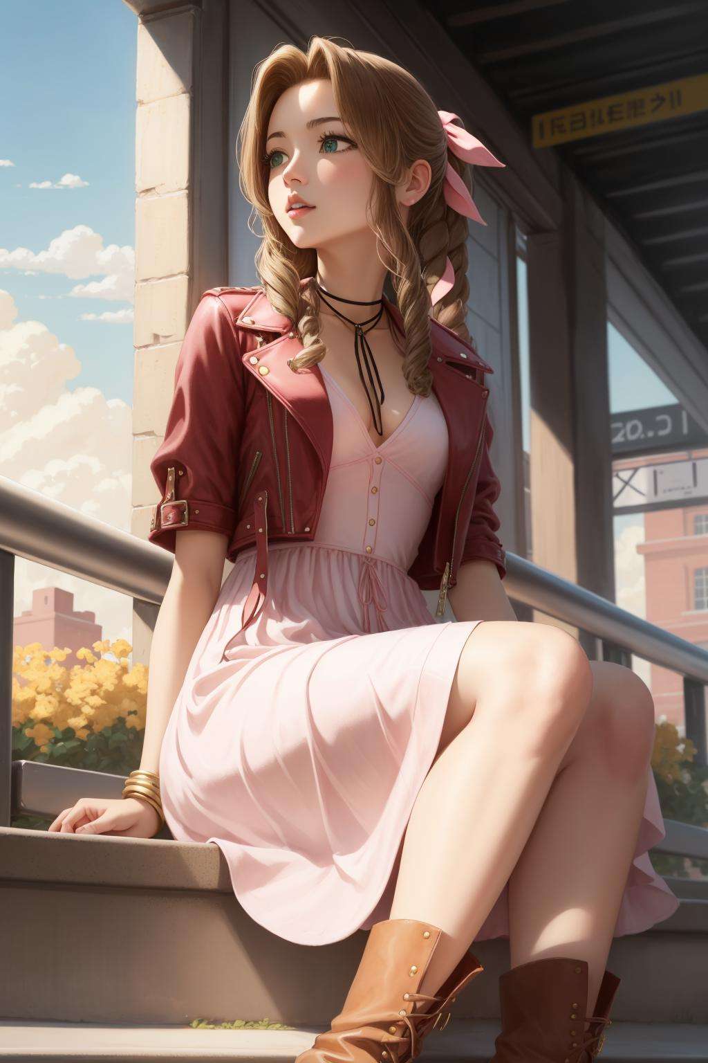 masterpiece, best quality, aerith gainsborough, choker, cropped jacket, hair bow, bracelet, pink dress, brown boots, sitting, train station, stairs, sky <lora:aerith-nvwls-v1-000010:0.9>