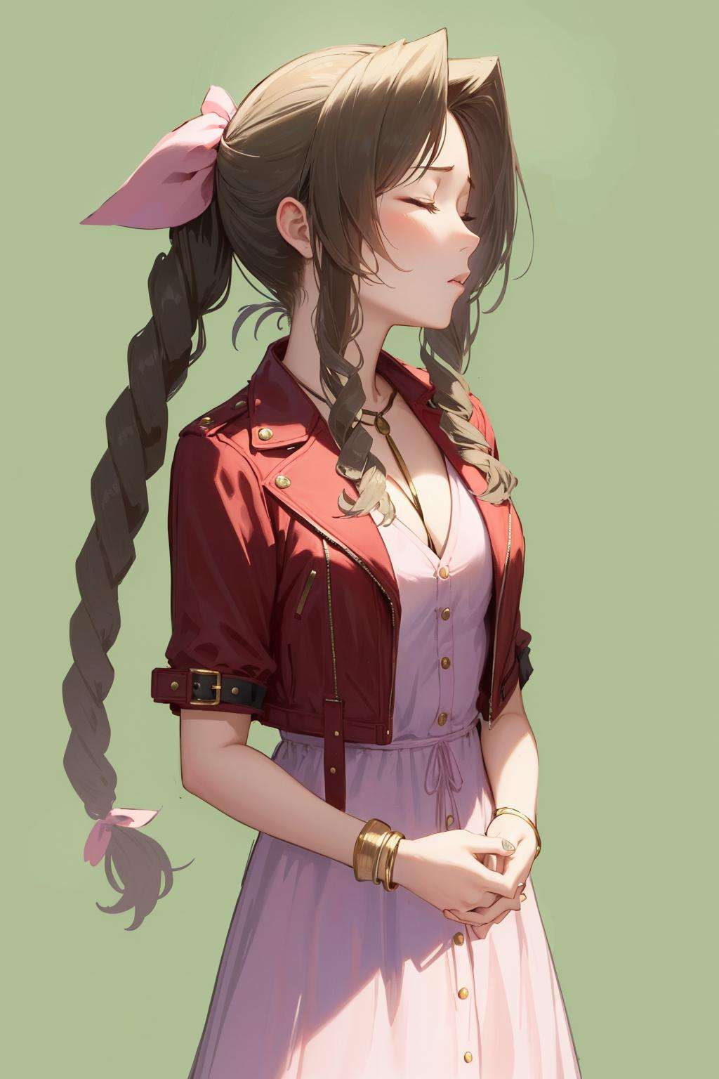 masterpiece, best quality, aerith gainsborough, cropped jacket, hair bow, bracelet, pink dress, upper body, praying, closed eyes, green background, own hands together <lora:aerith-nvwls-v1-000010:0.9>