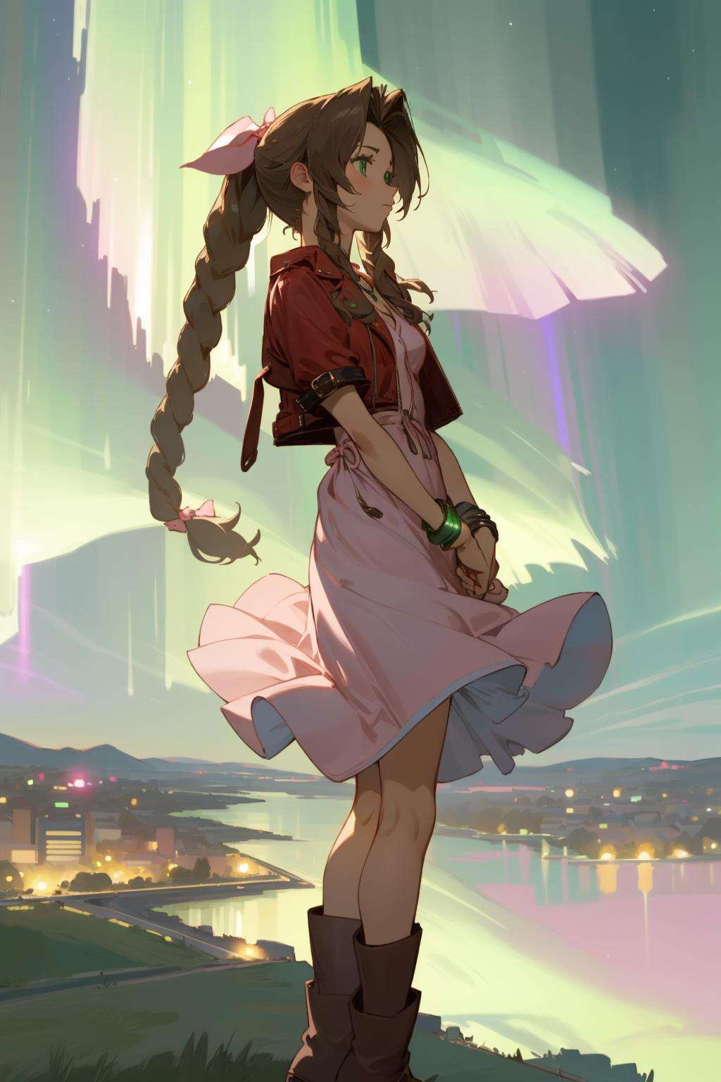 masterpiece, realistic, hyperrealistic, best quality, aerith gainsborough, cropped jacket, hair bow, bracelet, pink dress, brown boots, green background, glowing, illuminated by a green light, aurora borealis, night sky, city skyline, arms together <lora:aerith-nvwls-v1-000010:0.9>