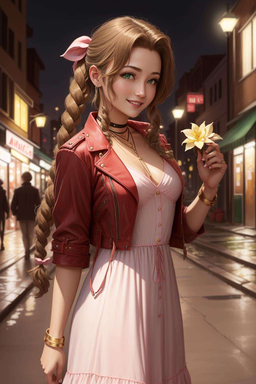 masterpiece, best quality, aerith gainsborough, choker, cropped jacket, hair bow, bracelet, pink dress, cowboy shot, looking at viewer, night, city streets, slums, smile, holding a yellow flower <lora:aerith-nvwls-v1-000010:0.9>