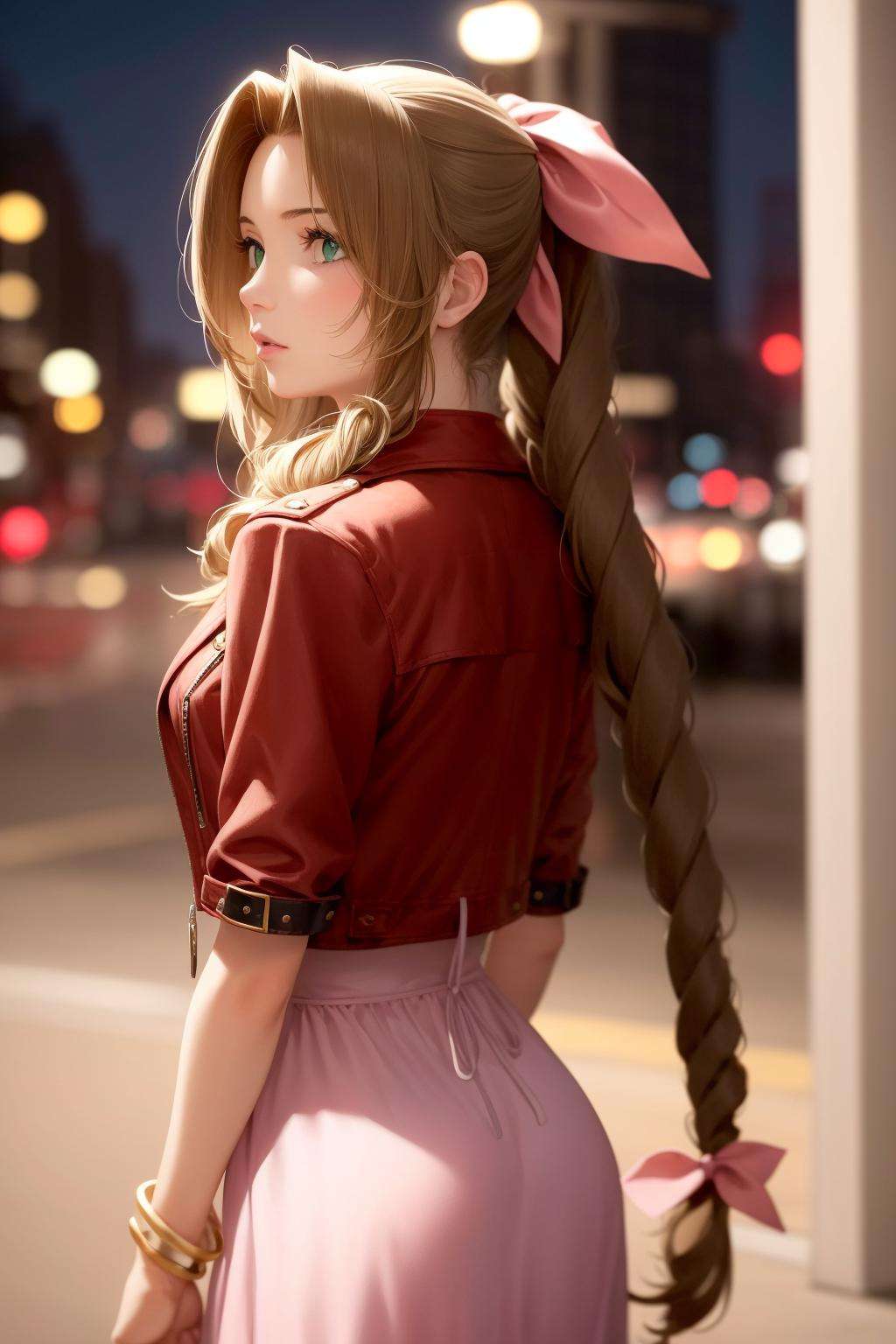 masterpiece, realistic, hyperrealistic, best quality, aerith gainsborough, cropped jacket, hair bow, bracelet, pink dress, from behind, night, city street <lora:aerith-nvwls-v1-000010:0.9>