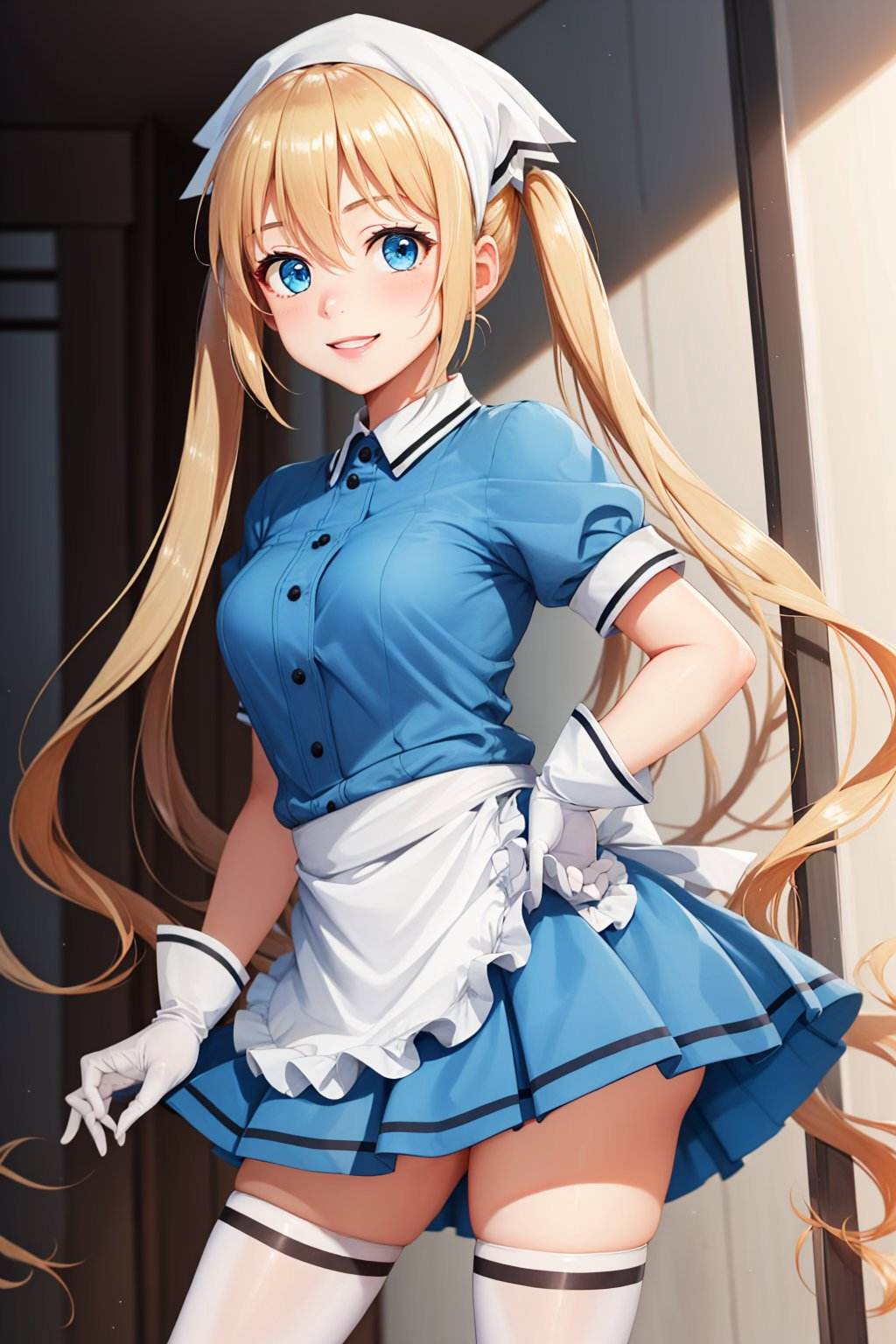 (masterpiece, best quality:1.2), <lyco:blends_hinata-10:1.0>, cowboy shot, solo, 1girl, hinata kaho, smile, looking at viewer, twintails, head scarf, waitress, frills, blue shirt, waist apron, puffy short sleeves, blue skirt, thighhighs, (white gloves:1.1)