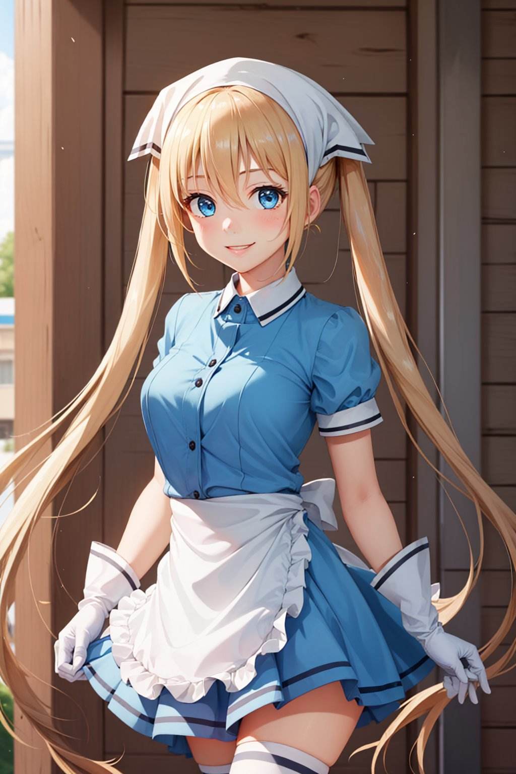 (masterpiece, best quality:1.2), <lyco:blends_hinata-10:1.0>, cowboy shot, solo, 1girl, hinata kaho, smile, looking at viewer, twintails, head scarf, waitress, frills, blue shirt, waist apron, puffy short sleeves, blue skirt, thighhighs, (white gloves:1.1)