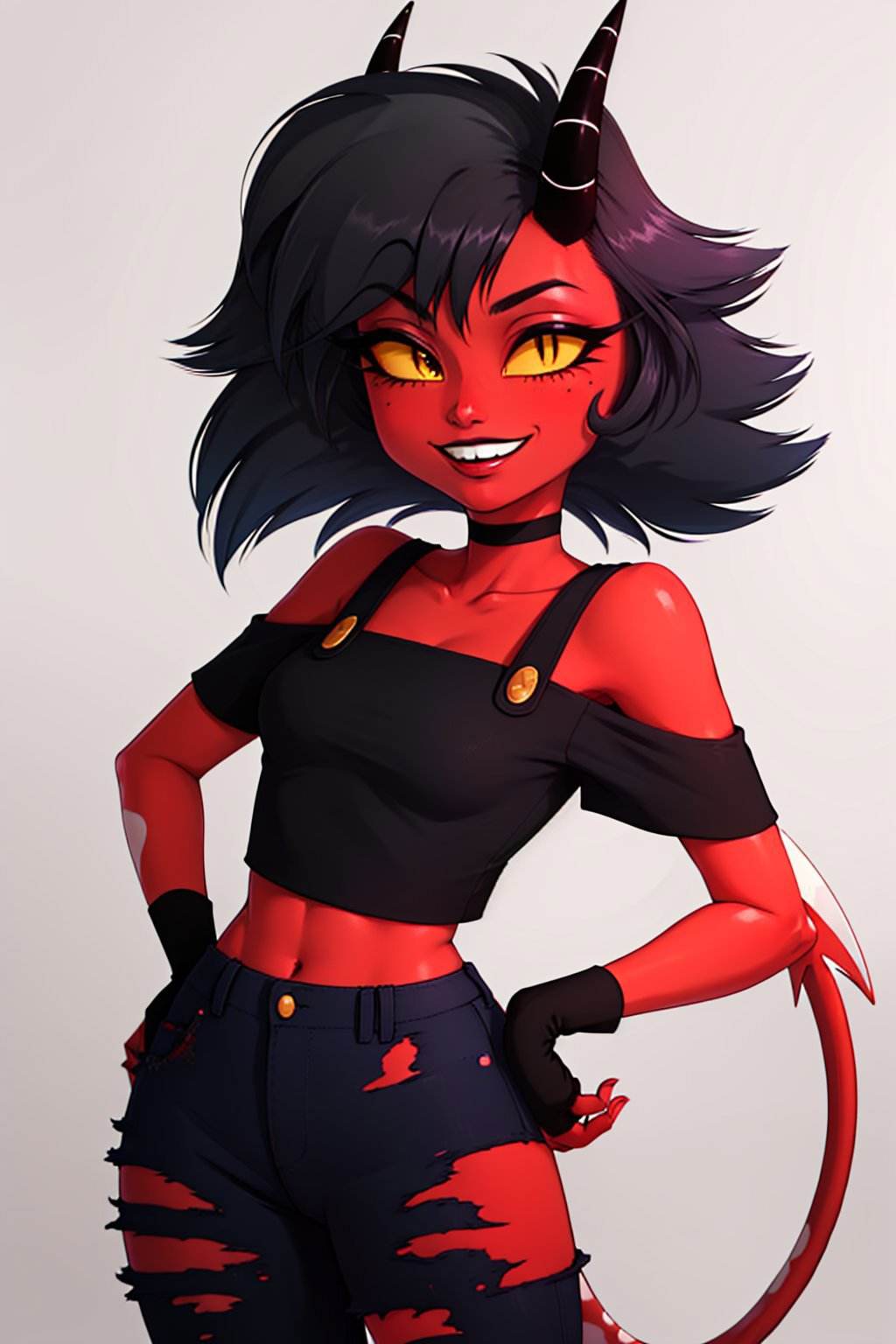 (masterpiece, best quality:1.2), <lyco:helluvaboss_millie-11:1.0>, cowboy shot, solo, 1girl, hbmillie, demon girl, colored skin, red skin, smile, looking at viewer, hands on hips, horns, colored sclera, yellow sclera, torn clothes, off-shoulder shirt, fingerless gloves, tail