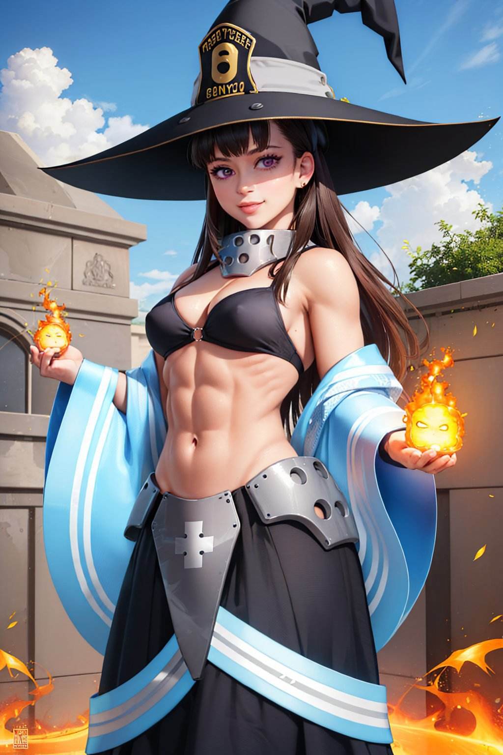 (masterpiece, best quality:1.2), <lyco:fireforce_oze-11:1.0>, cowboy shot, solo, 1girl, maki oze, muscular female, abs, smile, looking at viewer, witch hat, bikini top, detached sleeves, skirt, fire