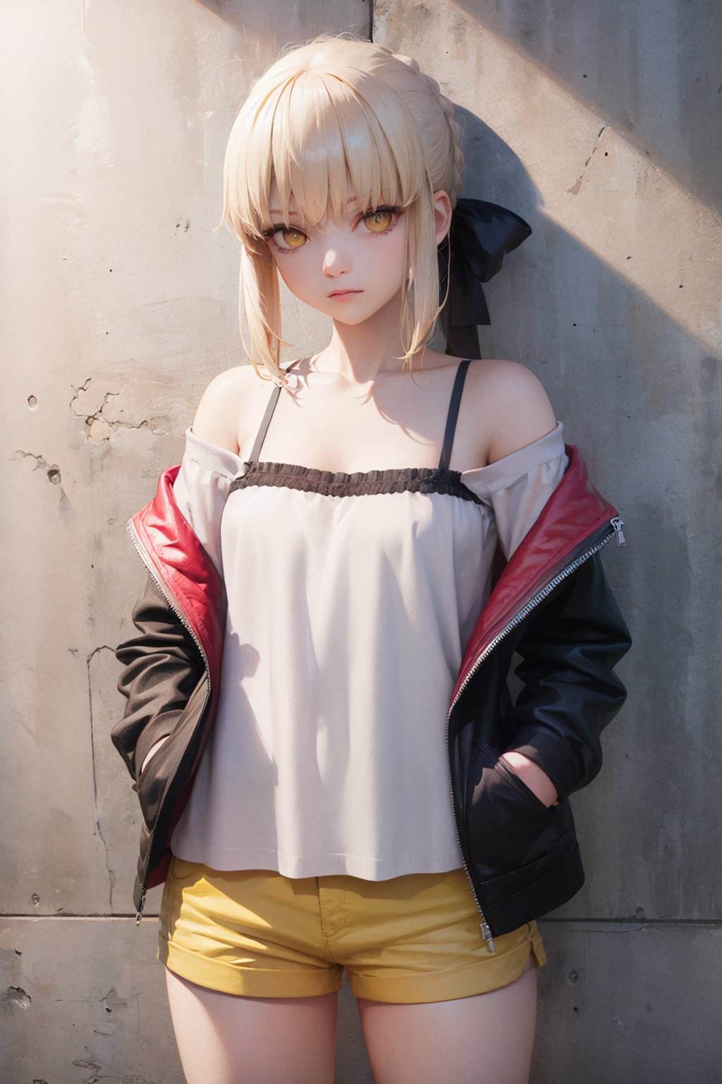 (masterpiece, best quality:1.2), <lora:fate_saberalter-10:1>, cowboy shot, solo, 1girl, sabaltrnd, expressionless, closed mouth, looking at viewer, hands in pockets, blonde hair, hair ribbon, yellow eyes, off-shoulder shirt, black shorts