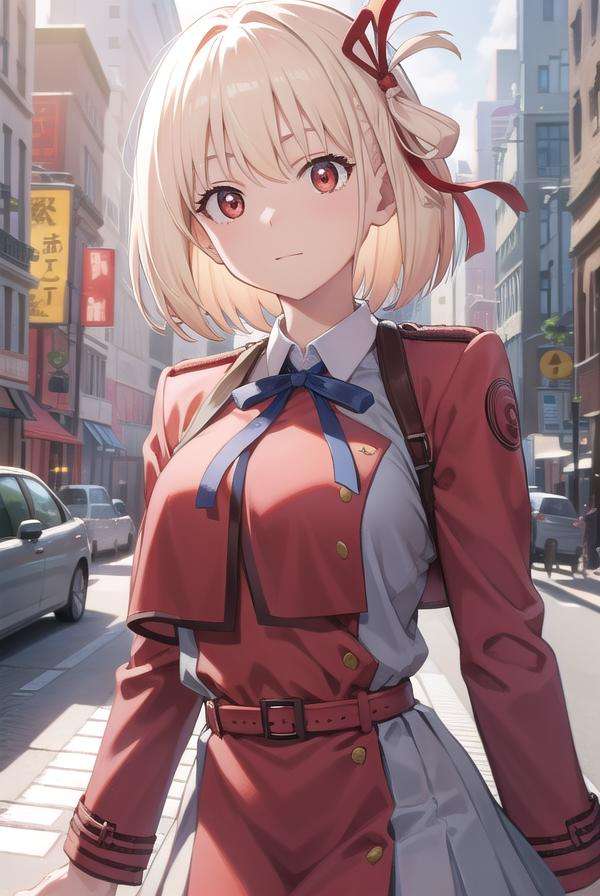 chisatonishikigi, <lora:chisatonishikigitest:1>, nishikigi chisato, short hair, bangs, blonde hair, (red eyes:1.5), hair ribbon, one side up, bob cut,BREAK shirt, long sleeves, dress, ribbon, white shirt, collared shirt, belt, neck ribbon, red dress, blue ribbon, pleated dress, grey dress, two-tone dress, red belt, lycoris uniform,,BREAK outdoors, city,BREAK looking at viewer, BREAK <lora:GoodHands-vanilla:1>, (masterpiece:1.2), best quality, high resolution, unity 8k wallpaper, (illustration:0.8), (beautiful detailed eyes:1.6), extremely detailed face, perfect lighting, extremely detailed CG, (perfect hands, perfect anatomy),