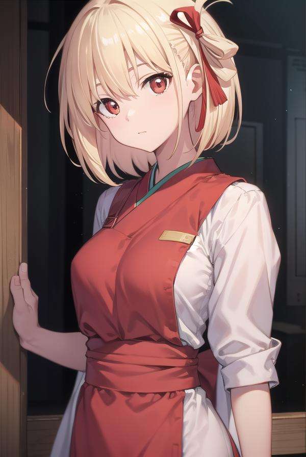 chisatonishikigi, <lora:chisatonishikigitest:1>, nishikigi chisato, short hair, bangs, blonde hair, (red eyes:1.5), hair ribbon, one side up, bob cut,BREAK japanese clothes, kimono, apron, red ribbon, waitress, red kimono,BREAK outdoors, track and field,BREAK looking at viewer, BREAK <lora:GoodHands-vanilla:1>, (masterpiece:1.2), best quality, high resolution, unity 8k wallpaper, (illustration:0.8), (beautiful detailed eyes:1.6), extremely detailed face, perfect lighting, extremely detailed CG, (perfect hands, perfect anatomy),