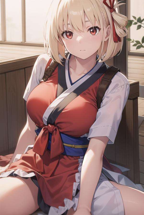 chisatonishikigi, <lora:chisatonishikigitest:1>, nishikigi chisato, short hair, bangs, blonde hair, (red eyes:1.5), hair ribbon, one side up, bob cut,BREAK japanese clothes, kimono, apron, red ribbon, waitress, red kimono,BREAK outdoors, track and field,BREAK looking at viewer, BREAK <lora:GoodHands-vanilla:1>, (masterpiece:1.2), best quality, high resolution, unity 8k wallpaper, (illustration:0.8), (beautiful detailed eyes:1.6), extremely detailed face, perfect lighting, extremely detailed CG, (perfect hands, perfect anatomy),