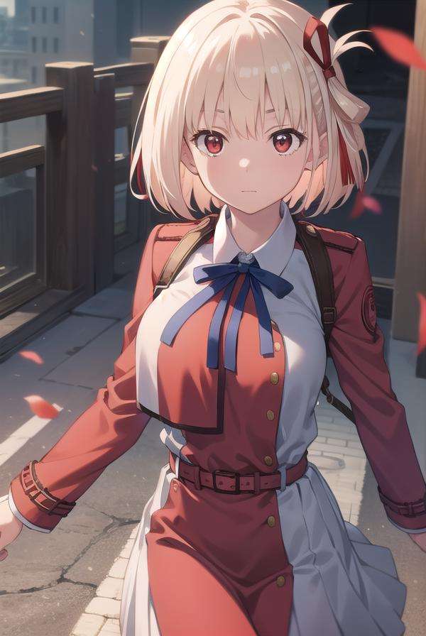 chisatonishikigi, <lora:chisatonishikigitest:1>, nishikigi chisato, short hair, bangs, blonde hair, (red eyes:1.5), hair ribbon, one side up, bob cut,BREAK shirt, long sleeves, dress, ribbon, white shirt, collared shirt, belt, neck ribbon, red dress, blue ribbon, pleated dress, grey dress, two-tone dress, red belt, lycoris uniform,,BREAK outdoors, city,BREAK looking at viewer, BREAK <lora:GoodHands-vanilla:1>, (masterpiece:1.2), best quality, high resolution, unity 8k wallpaper, (illustration:0.8), (beautiful detailed eyes:1.6), extremely detailed face, perfect lighting, extremely detailed CG, (perfect hands, perfect anatomy),