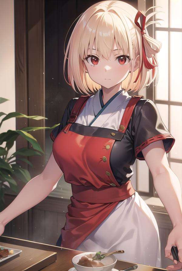 chisatonishikigi, <lora:chisatonishikigitest:1>, nishikigi chisato, short hair, bangs, blonde hair, (red eyes:1.5), hair ribbon, one side up, bob cut,BREAK japanese clothes, kimono, apron, red ribbon, waitress, red kimono,BREAK outdoors, track and field,BREAK looking at viewer, BREAK <lora:GoodHands-vanilla:1>, (masterpiece:1.2), best quality, high resolution, unity 8k wallpaper, (illustration:0.8), (beautiful detailed eyes:1.6), extremely detailed face, perfect lighting, extremely detailed CG, (perfect hands, perfect anatomy),