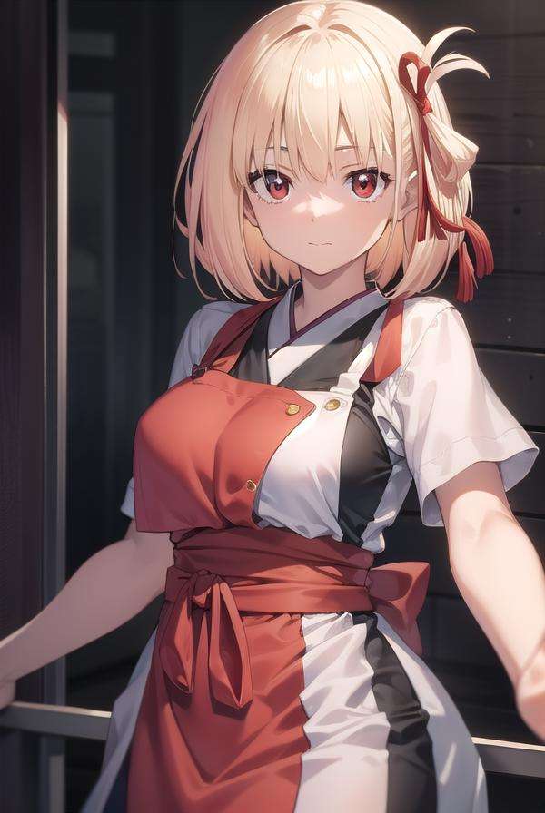 chisatonishikigi, <lora:chisatonishikigitest:1>, nishikigi chisato, short hair, bangs, blonde hair, (red eyes:1.5), hair ribbon, one side up, bob cut,BREAK japanese clothes, kimono, apron, red ribbon, waitress, red kimono,BREAK outdoors, track and field,BREAK looking at viewer, BREAK <lora:GoodHands-vanilla:1>, (masterpiece:1.2), best quality, high resolution, unity 8k wallpaper, (illustration:0.8), (beautiful detailed eyes:1.6), extremely detailed face, perfect lighting, extremely detailed CG, (perfect hands, perfect anatomy),