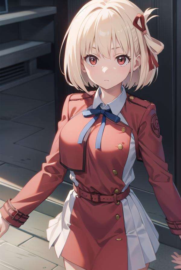 chisatonishikigi, <lora:chisatonishikigitest:1>, nishikigi chisato, short hair, bangs, blonde hair, (red eyes:1.5), hair ribbon, one side up, bob cut,BREAK shirt, long sleeves, dress, ribbon, white shirt, collared shirt, belt, neck ribbon, red dress, blue ribbon, pleated dress, grey dress, two-tone dress, red belt, lycoris uniform,,BREAK outdoors, city,BREAK looking at viewer, BREAK <lora:GoodHands-vanilla:1>, (masterpiece:1.2), best quality, high resolution, unity 8k wallpaper, (illustration:0.8), (beautiful detailed eyes:1.6), extremely detailed face, perfect lighting, extremely detailed CG, (perfect hands, perfect anatomy),