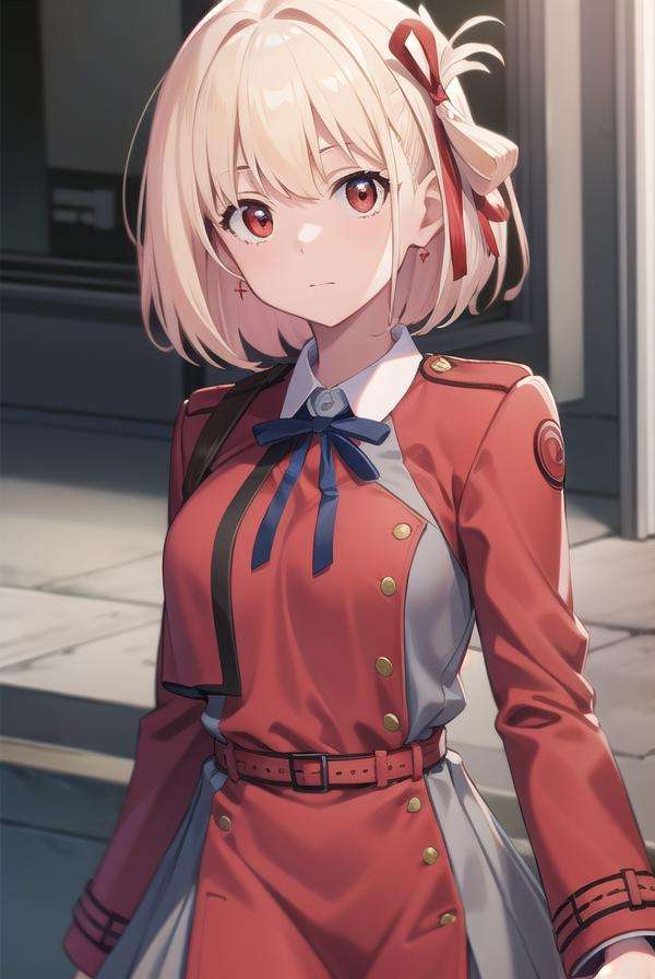 chisatonishikigi, <lora:chisatonishikigitest:1>, nishikigi chisato, short hair, bangs, blonde hair, (red eyes:1.5), hair ribbon, one side up, bob cut,BREAK shirt, long sleeves, dress, ribbon, white shirt, collared shirt, belt, neck ribbon, red dress, blue ribbon, pleated dress, grey dress, two-tone dress, red belt, lycoris uniform,,BREAK outdoors, city,BREAK looking at viewer, BREAK <lora:GoodHands-vanilla:1>, (masterpiece:1.2), best quality, high resolution, unity 8k wallpaper, (illustration:0.8), (beautiful detailed eyes:1.6), extremely detailed face, perfect lighting, extremely detailed CG, (perfect hands, perfect anatomy),