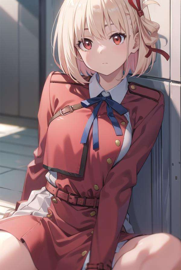 chisatonishikigi, <lora:chisatonishikigitest:1>, nishikigi chisato, short hair, bangs, blonde hair, (red eyes:1.5), hair ribbon, one side up, bob cut,BREAK shirt, long sleeves, dress, ribbon, white shirt, collared shirt, belt, neck ribbon, red dress, blue ribbon, pleated dress, grey dress, two-tone dress, red belt, lycoris uniform,,BREAK outdoors, city,BREAK looking at viewer, BREAK <lora:GoodHands-vanilla:1>, (masterpiece:1.2), best quality, high resolution, unity 8k wallpaper, (illustration:0.8), (beautiful detailed eyes:1.6), extremely detailed face, perfect lighting, extremely detailed CG, (perfect hands, perfect anatomy),