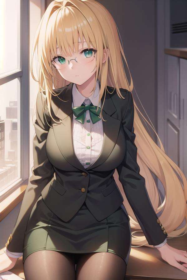 lunatiquetearju, <lora:tearjulunatiquetest:1>,tearju lunatique, blonde hair, (green eyes:1.5), hair intakes, long hair, low-tied long hair, glasses,BREAK business suit, formal, jacket, pantyhose, pencil skirt, skirt, skirt suit, suit, thighhighs, black suit, black jacket, black skirt,BREAK looking at viewer,BREAK indoors, classroom,BREAK <lora:GoodHands-vanilla:1>, (masterpiece:1.2), best quality, high resolution, unity 8k wallpaper, (illustration:0.8), (beautiful detailed eyes:1.6), extremely detailed face, perfect lighting, extremely detailed CG, (perfect hands, perfect anatomy),