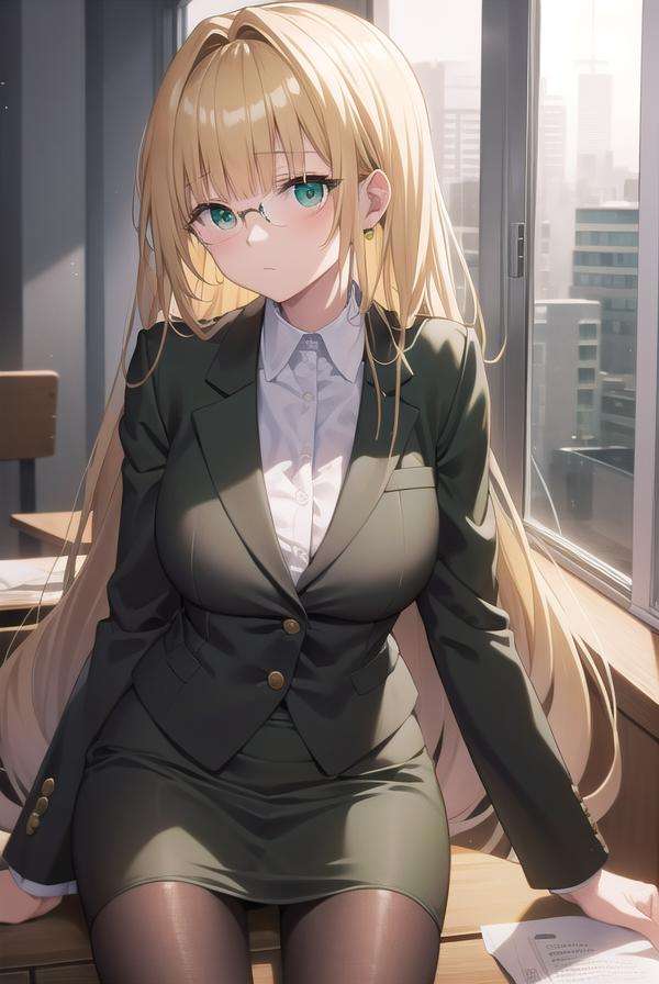 lunatiquetearju, <lora:tearjulunatiquetest:1>,tearju lunatique, blonde hair, (green eyes:1.5), hair intakes, long hair, low-tied long hair, glasses,BREAK business suit, formal, jacket, pantyhose, pencil skirt, skirt, skirt suit, suit, thighhighs, black suit, black jacket, black skirt,BREAK looking at viewer,BREAK indoors, classroom,BREAK <lora:GoodHands-vanilla:1>, (masterpiece:1.2), best quality, high resolution, unity 8k wallpaper, (illustration:0.8), (beautiful detailed eyes:1.6), extremely detailed face, perfect lighting, extremely detailed CG, (perfect hands, perfect anatomy),