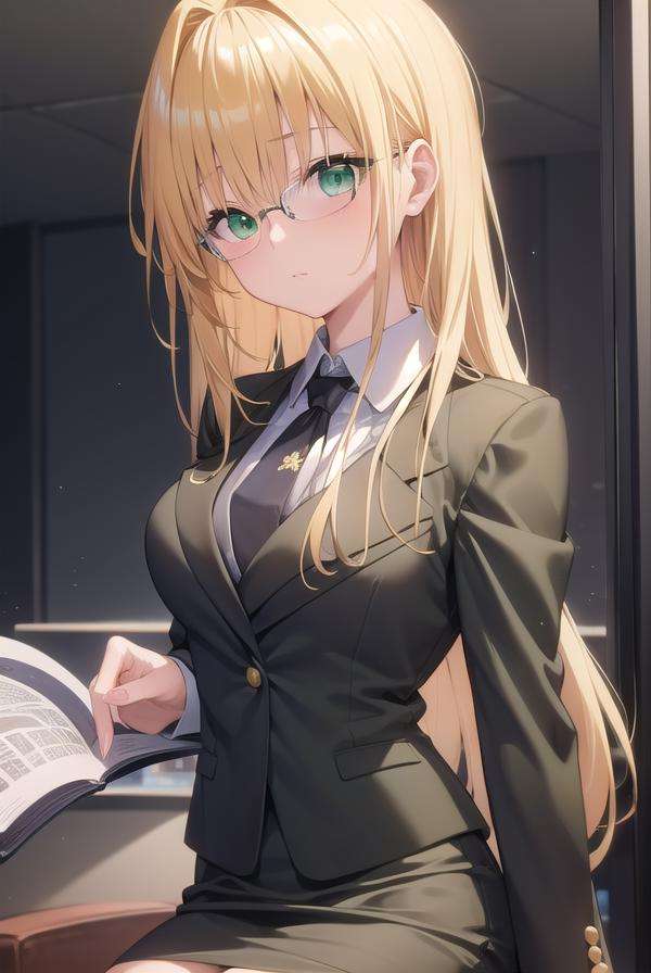 lunatiquetearju, <lora:tearjulunatiquetest:1>,tearju lunatique, blonde hair, (green eyes:1.5), hair intakes, long hair, low-tied long hair, glasses,BREAK business suit, formal, jacket, pantyhose, pencil skirt, skirt, skirt suit, suit, thighhighs, black suit, black jacket, black skirt,BREAK looking at viewer,BREAK indoors, classroom,BREAK <lora:GoodHands-vanilla:1>, (masterpiece:1.2), best quality, high resolution, unity 8k wallpaper, (illustration:0.8), (beautiful detailed eyes:1.6), extremely detailed face, perfect lighting, extremely detailed CG, (perfect hands, perfect anatomy),