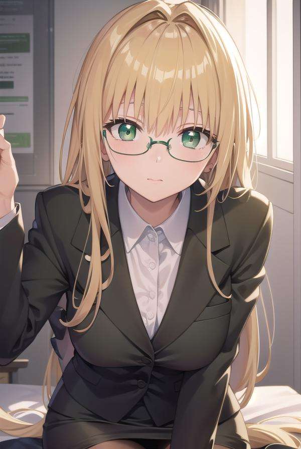 lunatiquetearju, <lora:tearjulunatiquetest:1>,tearju lunatique, blonde hair, (green eyes:1.5), hair intakes, long hair, low-tied long hair, glasses,BREAK business suit, formal, jacket, pantyhose, pencil skirt, skirt, skirt suit, suit, thighhighs, black suit, black jacket, black skirt,BREAK looking at viewer,BREAK indoors, classroom,BREAK <lora:GoodHands-vanilla:1>, (masterpiece:1.2), best quality, high resolution, unity 8k wallpaper, (illustration:0.8), (beautiful detailed eyes:1.6), extremely detailed face, perfect lighting, extremely detailed CG, (perfect hands, perfect anatomy),