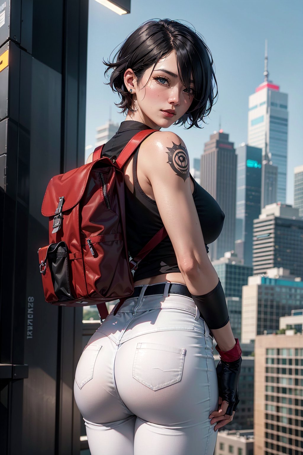 (masterpiece, best quality, volumetric lighting, detailed eyes), mature woman, asian woman, faith connors, symertical face, bangs over one eye, one Arm tattoo, short hair, sharp black hair, (black top:1.2), white pants, (sling backpack, runner bag), (red_fingerless_gloves), looking back, skinny, standing top of skyscraper, city top view