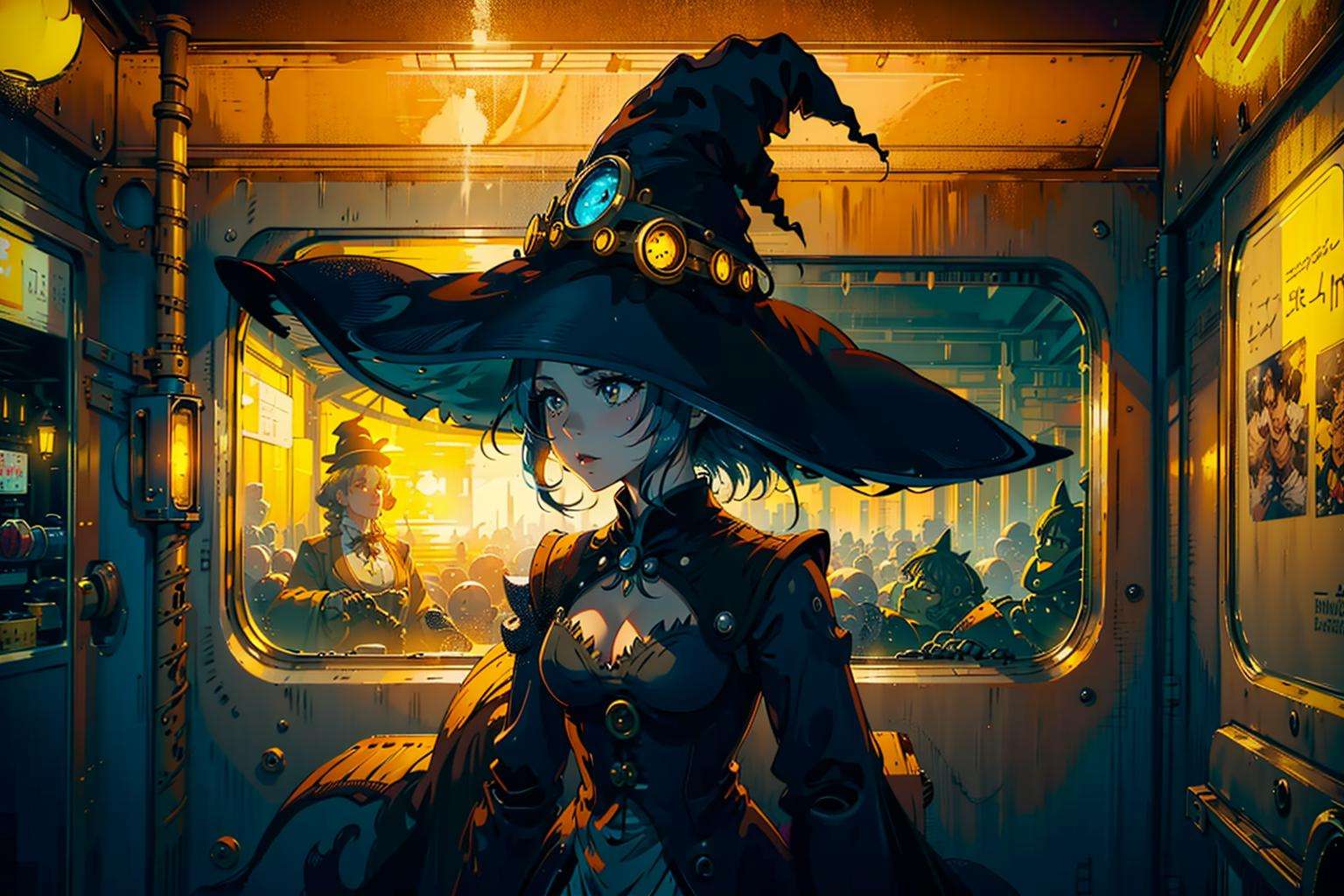 girl, fantasy, light, witch, magic, anime film <lora:steampunkai10MBLora_10mb:1>,steampunkai,robot, witch hat, witch dress,train,