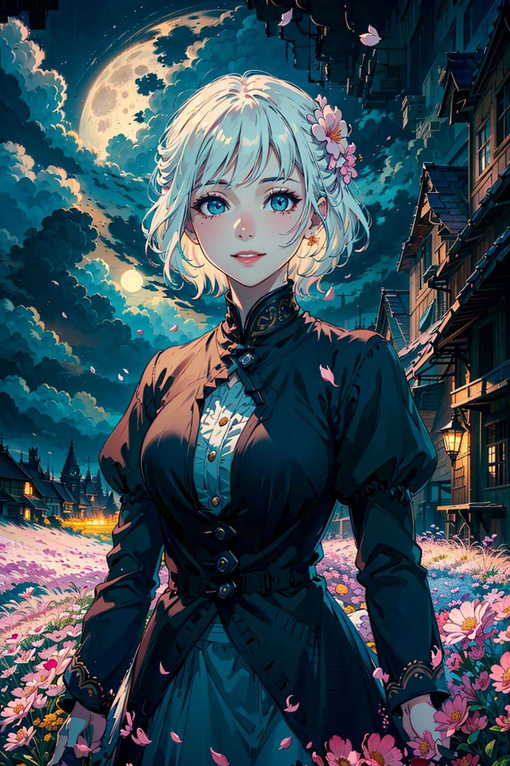 masterpiece, best quality,1girl, (colorful),(finely detailed beautiful eyes and detailed face),cinematic lighting,bust shot,extremely detailed CG unity 8k wallpaper,white hair,solo,smile,intricate skirt,((flying petal)),(Flowery meadow)sky, cloudy_sky, building, moonlight, moon, night, dark theme, light, fantasy,