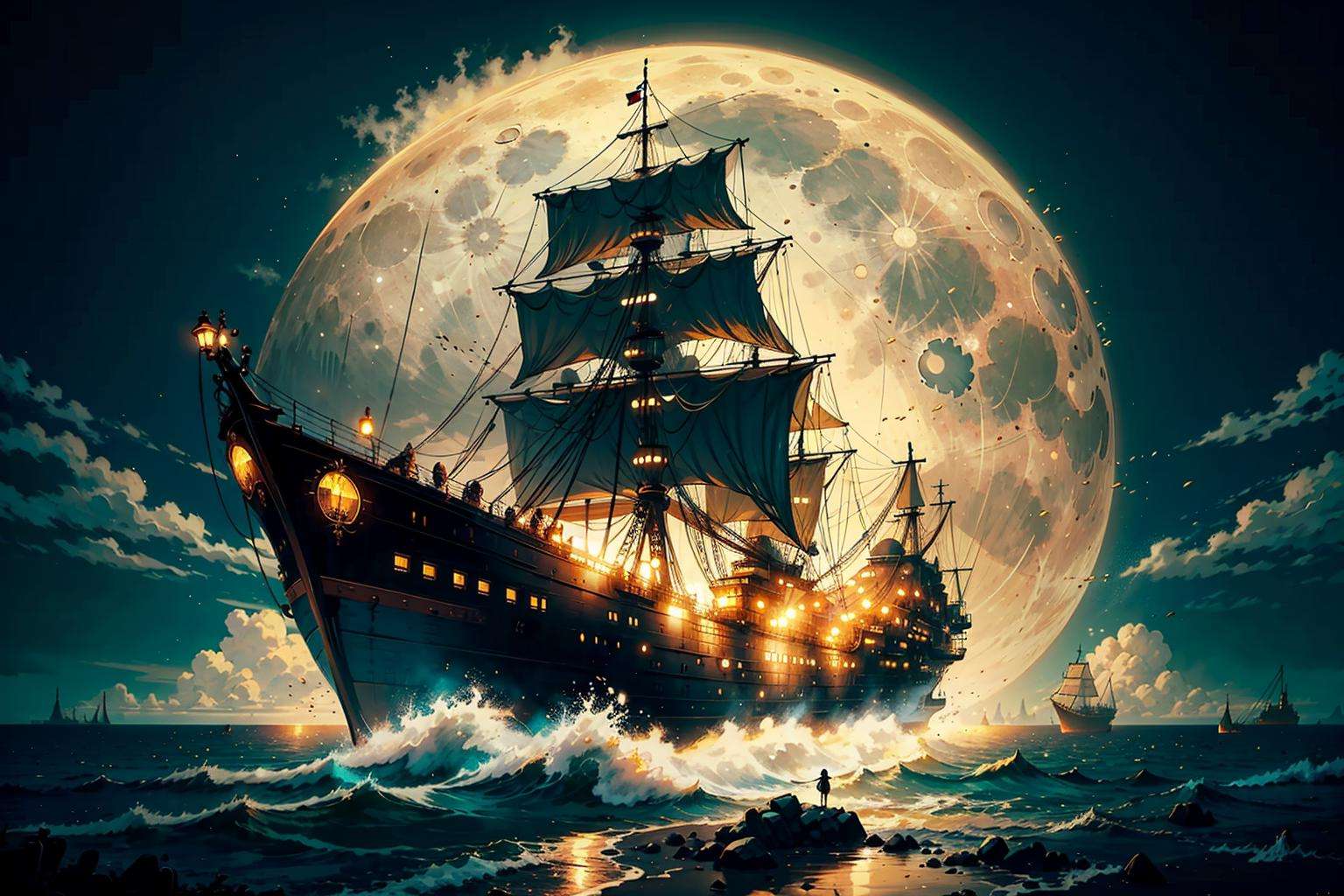 fantasy, light, magic, anime film <lora:steampunkai10MBLora_10mb:1>,steampunkai, giant ship,moon, moonlight, steam, cityscape,  dark theme, ocean,sea,port,