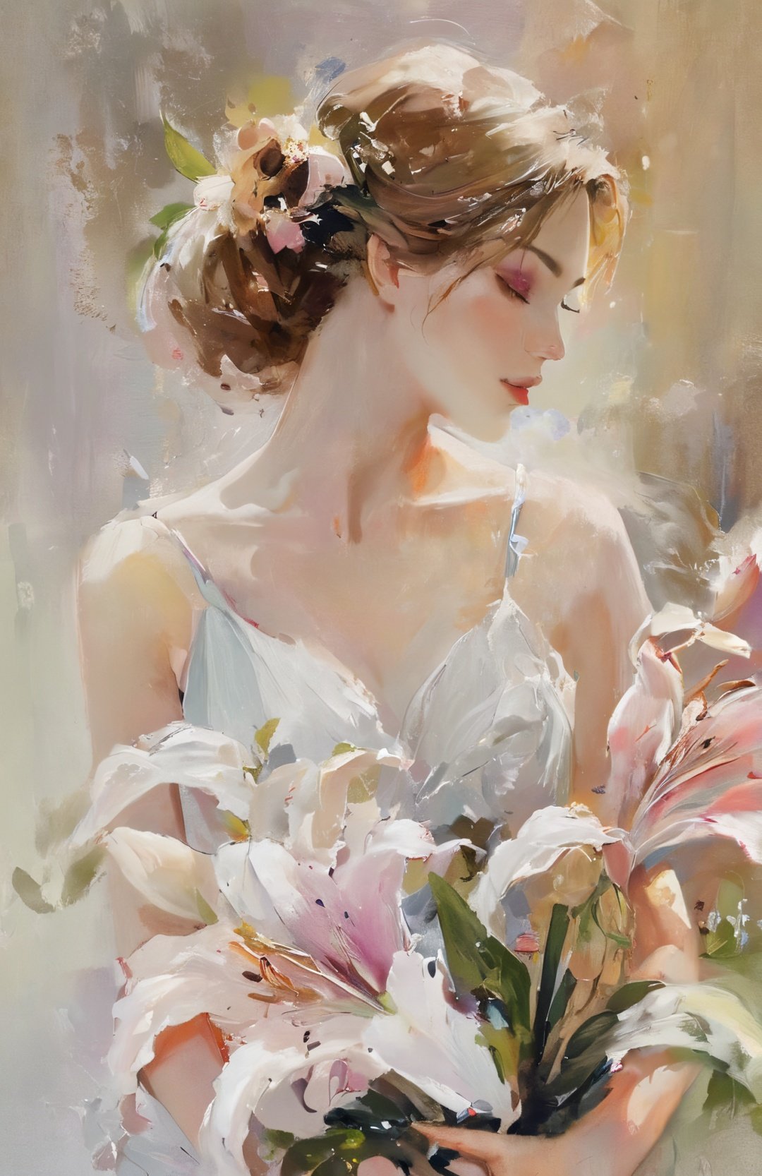 Bestquality,masterpiece,1girl,beautiful_face,eyebrows_visible_through_hair,lily_\(flower\),dress,holding_flower,from_side,