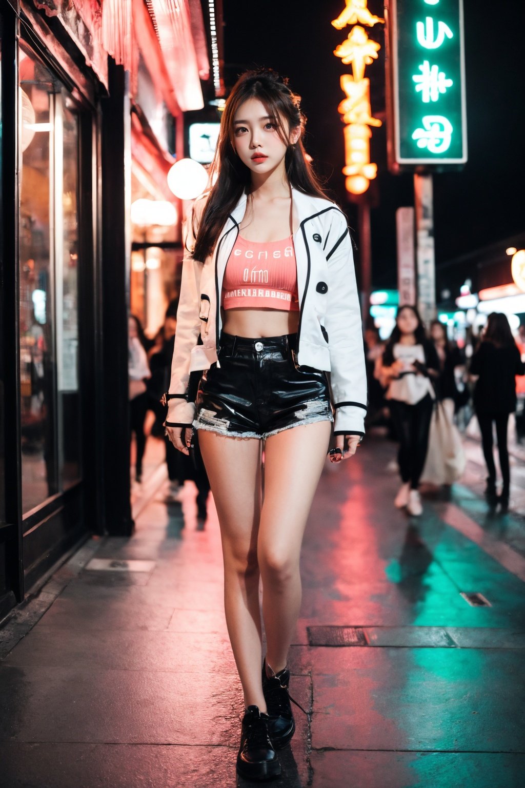 1girl, thighs gap, revealing clothes, makeup, Pedestrian Street, shop, night, neon, <lora:more_details:0.1>,